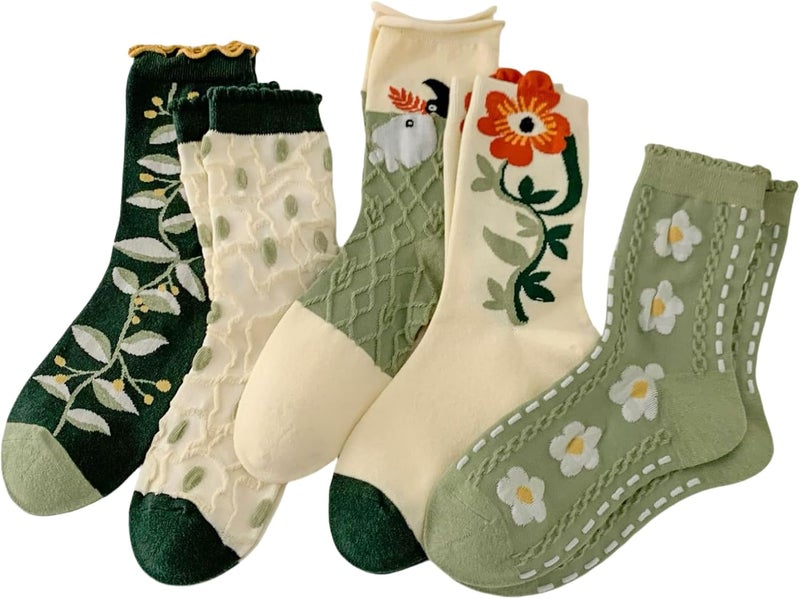 MarJunSep Cute Floral Crew Socks for Women Teen Girls Flower Cottagecore Frilly Vintage Fancy Cotton Socks - Image 1
